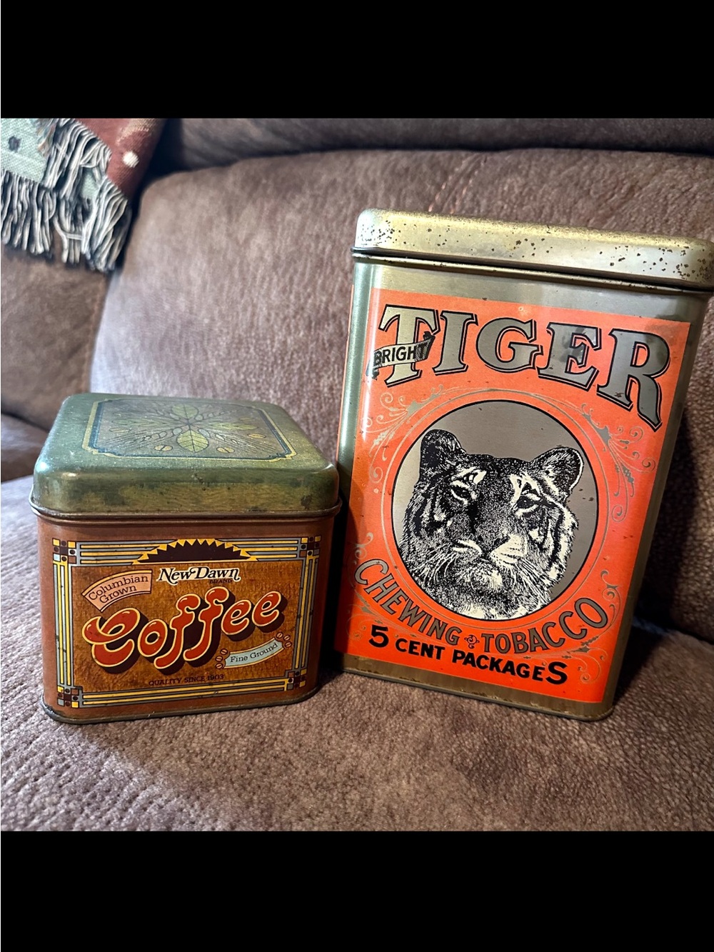 Vintage Bright Tiger Chewing Tobacco & New Dawn Colombian Coffee Tin Canisters